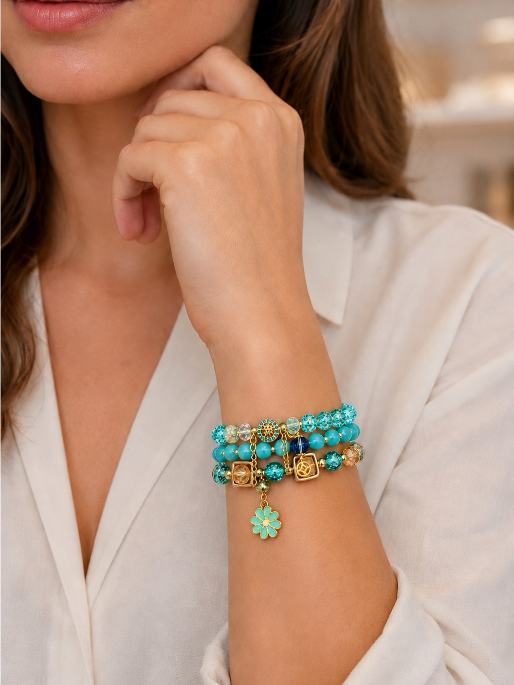 Set of 3 Turquoise Beaded Charm Bracelet Stack